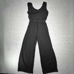 Nicole Miller Womens V-Neck Drawstring Waist Sleeveless Jumpsuit Dark Gray Small